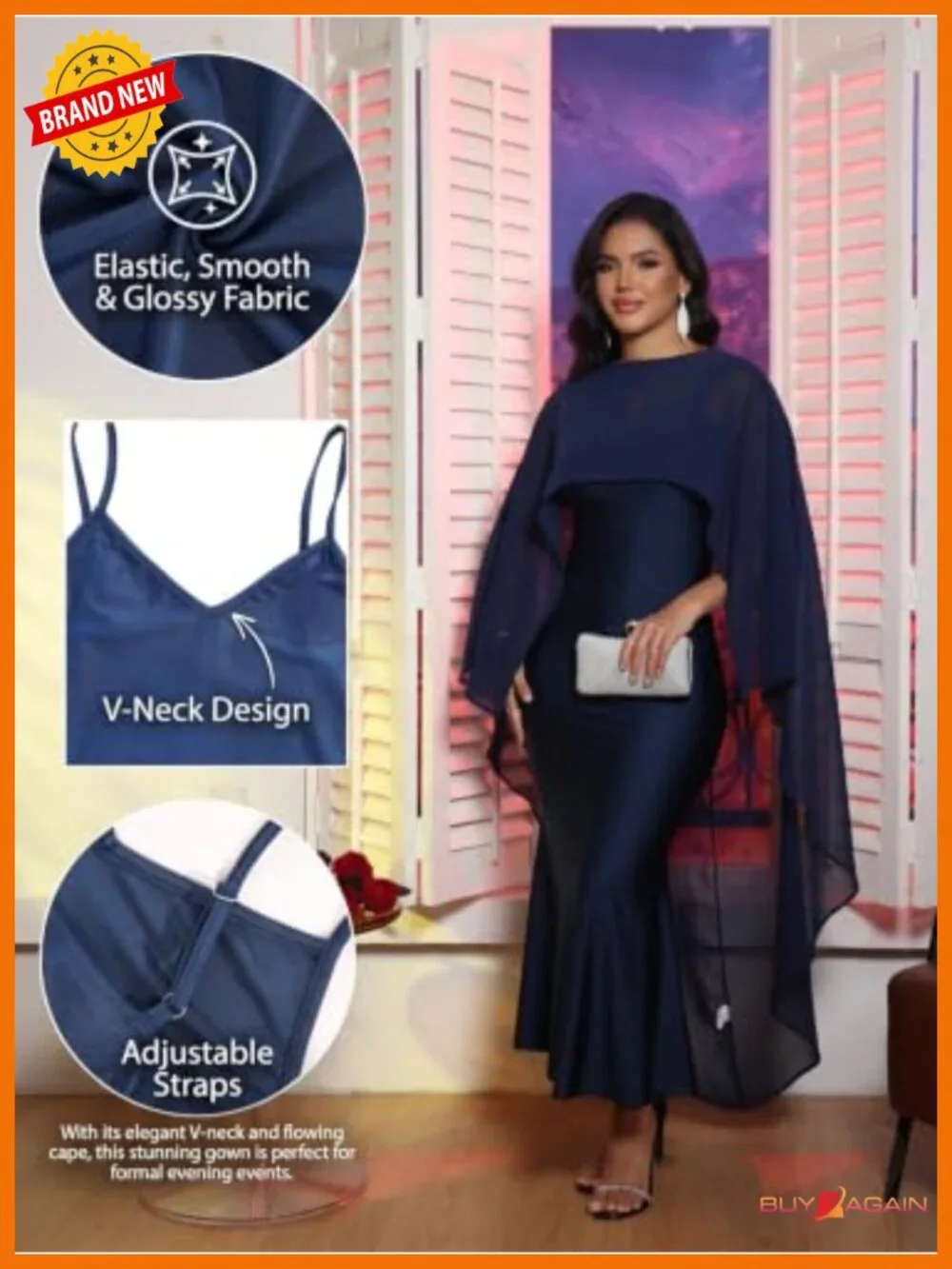 Satin Bodycon Maxi Dress Chiffon Cape Wedding Guest Formal